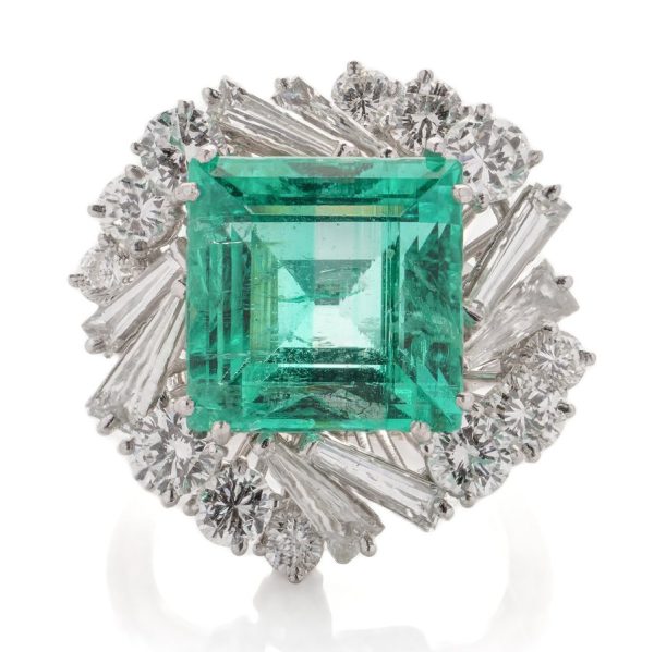 Vintage 12ct Colombian Emerald and Diamond Cluster Cocktail Ring