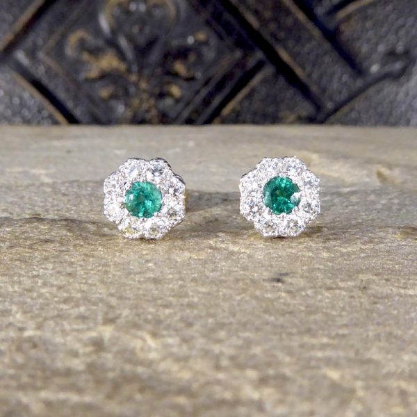 Contemporary 0.50ct Emerald and Diamond Cluster Earrings