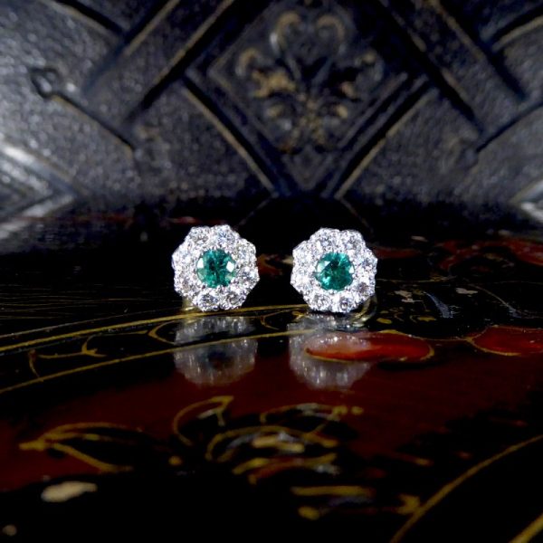 Contemporary 0.50ct Emerald and Diamond Cluster Earrings