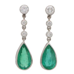Contemporary Pear Cut Emerald and Diamond Drop Earrings