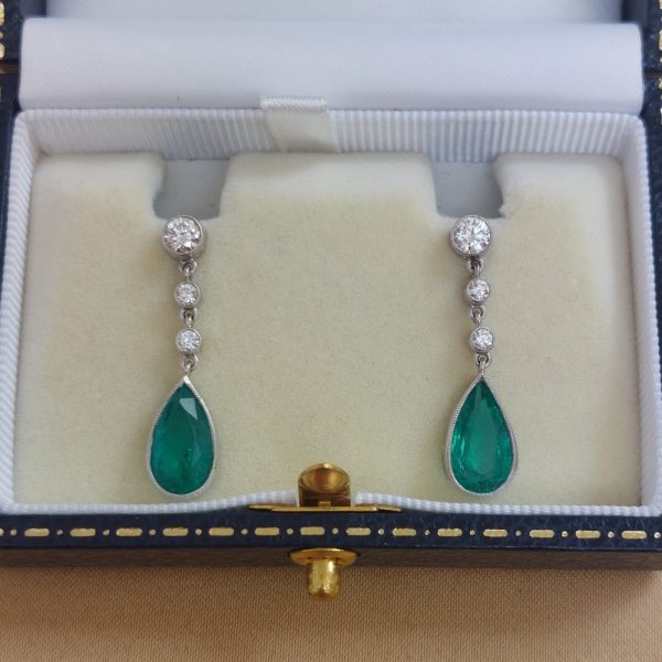 Contemporary Pear Cut Emerald and Diamond Drop Earrings