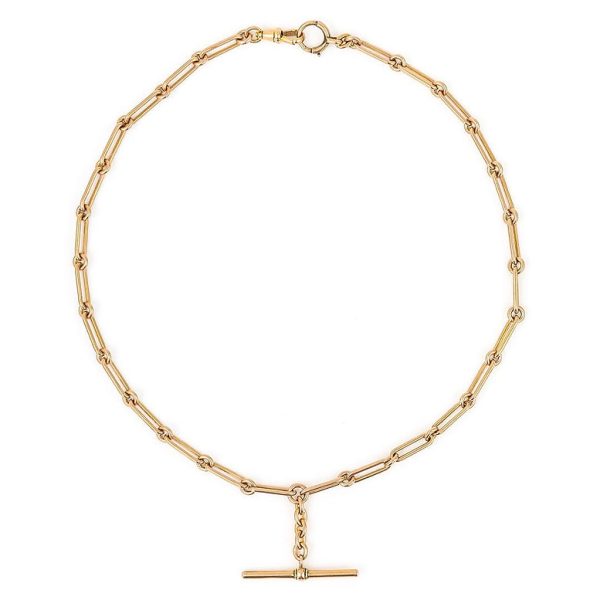 Edwardian Antique Rose Gold Trombone Link Albert Watch Chain Necklace, alternating 9ct rose gold trombone and round uniform links, circa 1910