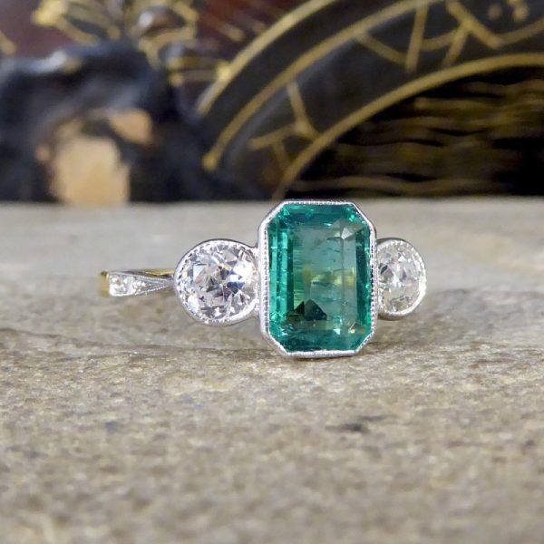 Edwardian Style 1.30ct Emerald and Diamond Three Stone Ring