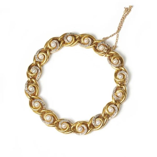 Antique French Art Nouveau Diamond Pearl 18ct Yellow Gold Swirl Bracelet