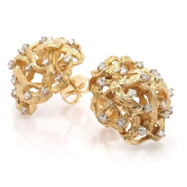 Large 18ct Yellow Gold Openwork Abstract and Diamond Cluster Earrings 1.10 carats