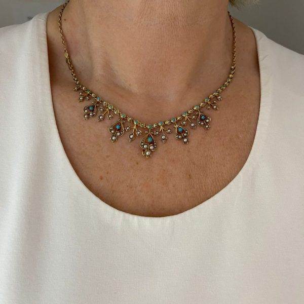 Edwardian Antique Pearl and Turquoise Fringe Necklace