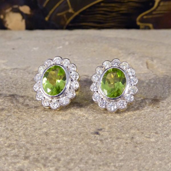 Oval 2.50ct Peridot and Diamond Cluster Earrings