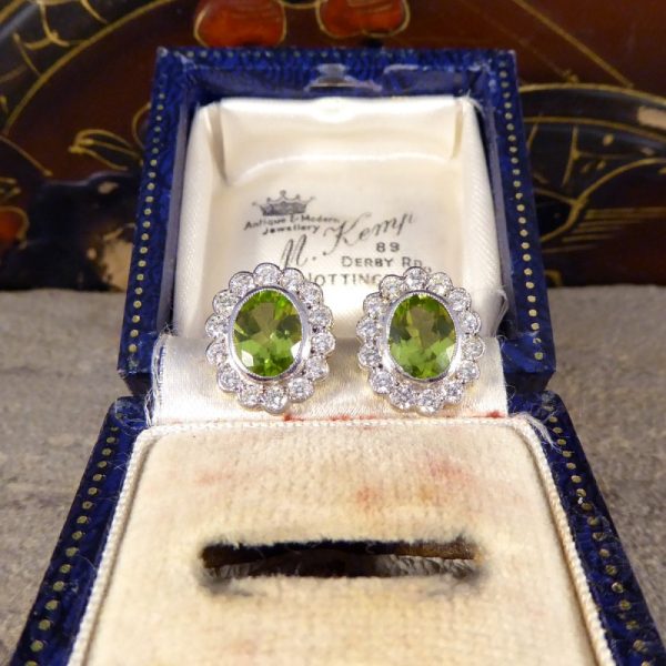 Oval 2.50ct Peridot and Diamond Cluster Earrings