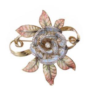 Plique a Jour Enamel and Diamond Flower Brooch