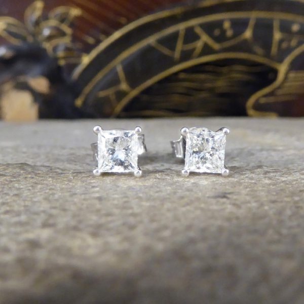 Princess Cut Diamond Stud Earrings, 0.91ct