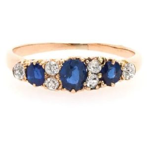 Sapphire Three Stone Ring with Diamonds in 9ct Yellow Gold