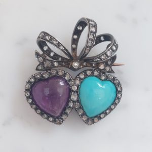 Victorian Antique Amethyst and Turquoise Double Heart Brooch