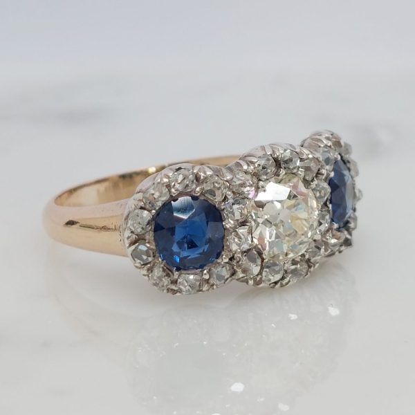 Victorian Antique Diamond and Sapphire Triple Cluster Ring