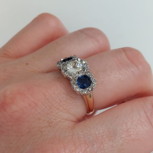 Victorian Antique Diamond and Sapphire Triple Cluster Ring