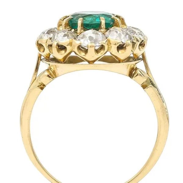 Vintage 2.70ct Emerald and 3.20ct Old Cut Diamond Cluster Engagement Ring in 18ct Yellow Gold, Circa 1940s