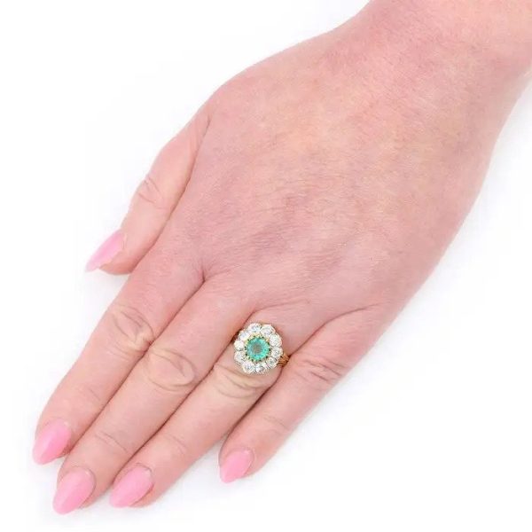 Vintage 2.70ct Emerald and 3.20ct Old Cut Diamond Cluster Engagement Ring in 18ct Yellow Gold, Circa 1940s