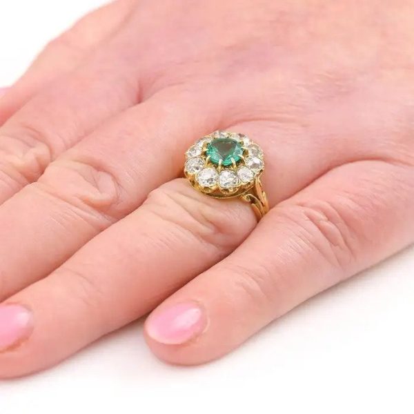 Vintage 2.70ct Emerald and 3.20ct Old Mine Cut Diamond Cluster Engagement Ring in 18ct Yellow Gold, Circa 1940s