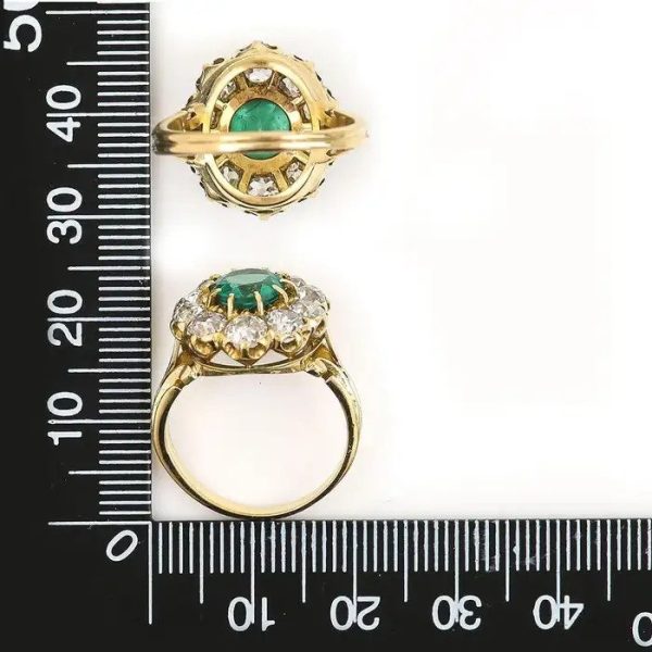 Vintage 2.70ct Emerald and Diamond Cluster Engagement Ring in 18ct Yellow Gold, Circa 1940s