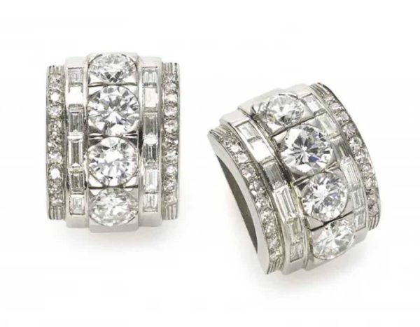 Art Deco diamond hoop earrings, baguette and round diamonds clip on fittings Vintage