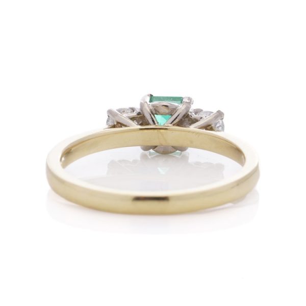 Square Cut Emerald and Diamond Three Stone Engagement Ring in 18ct Yellow Gold