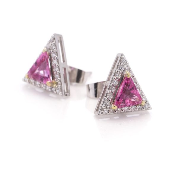 2.04ct Pink Sapphire and Diamond Triangular Cluster Stud Earrings