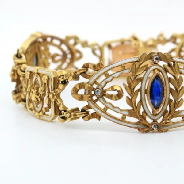 Antique Art Nouveau French Sapphire White Enamel Gold Bracelet by Leopold Gautrait