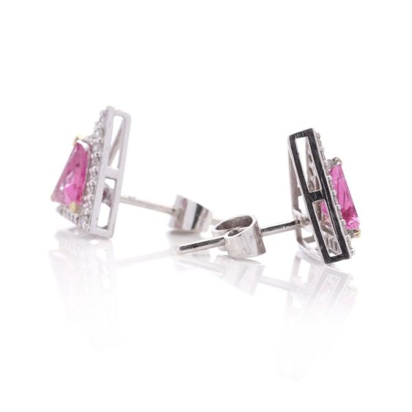 2.04ct Pink Sapphire and Diamond Triangular Cluster Stud Earrings