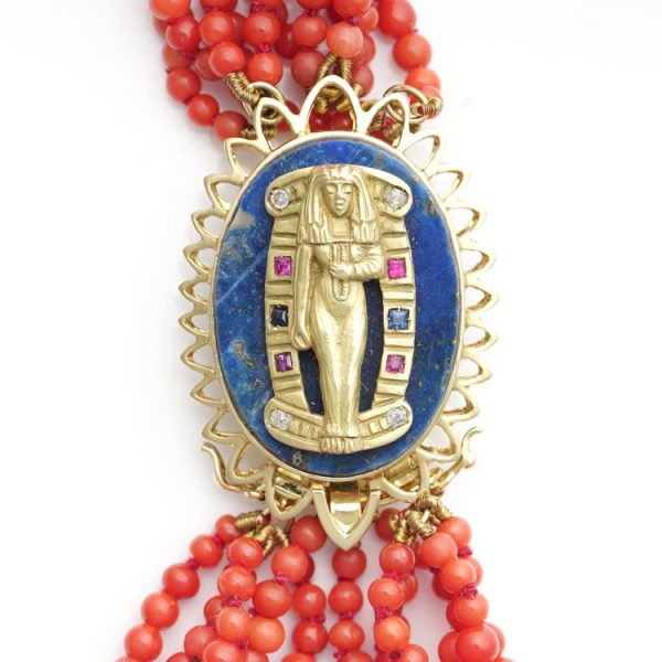 Multi Strand Coral Bead Necklace with 18ct Yellow Gold Egyptian Revival Clasp with Lapis Lazuli Old Cut Diamond Ruby and Sapphire
