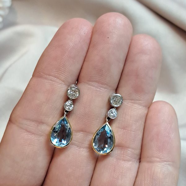 3.25ct Pear Cut Aquamarine and Diamond Drop Earrings