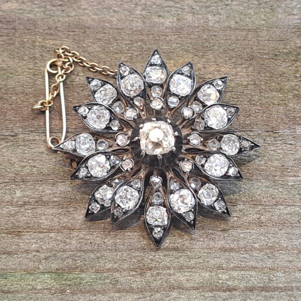 Victorian Antique Old Cut Diamond Star Flower Brooch