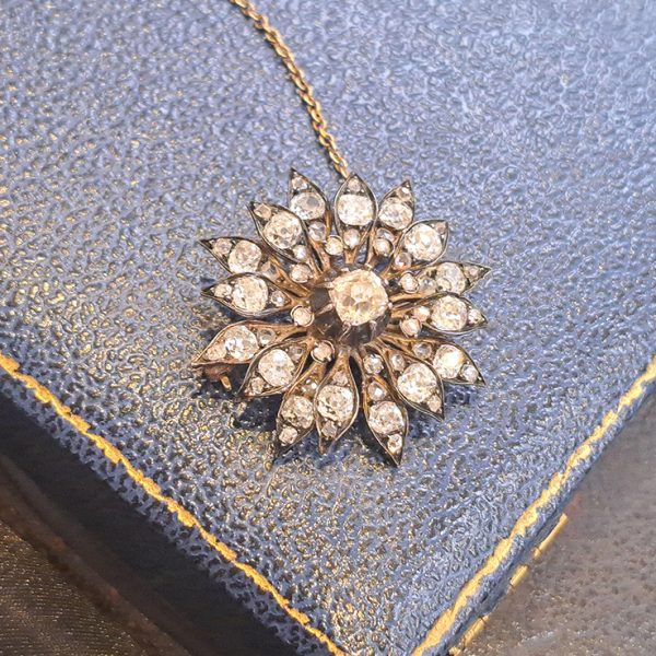 Victorian Antique Old Cut Diamond Star Flower Brooch