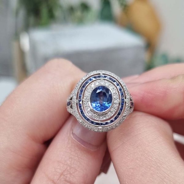 1.41ct Oval Sapphire and Diamond Double Halo Cluster Dress Ring