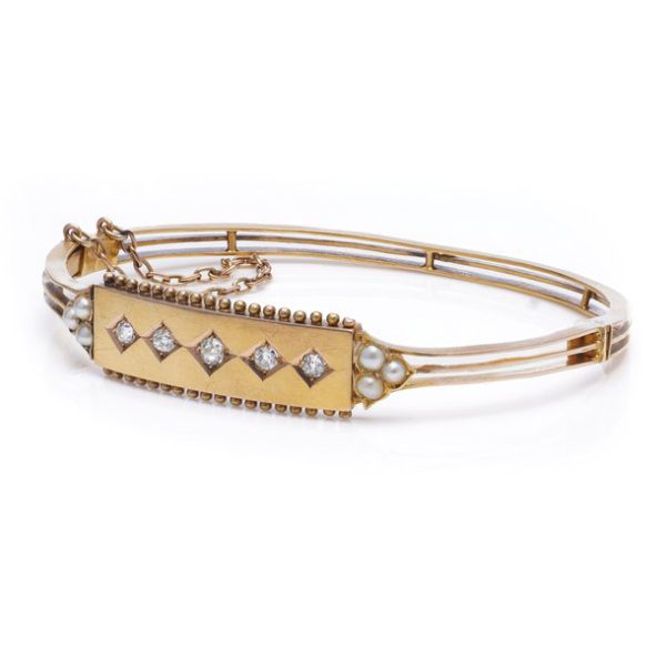 Antique 15ct Gold Bangle Bracelet with Natural Pearls and Old European Cut Diamonds