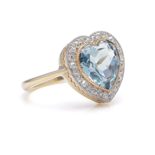 Edwardian Antique 6ct Heart Cut Aquamarine and Diamond Cluster Ring in 18ct Yellow Gold