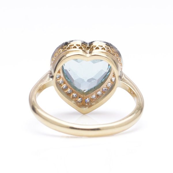 Vintage 6ct Heart Cut Aquamarine and Diamond Cluster Ring in 18ct Yellow Gold