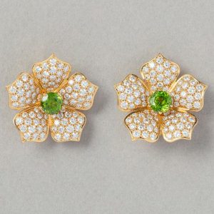 Demantoid Garnet and Diamond Lotus Flower Earrings by Steltman