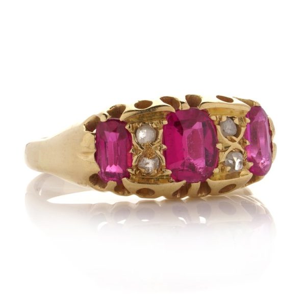Antique 1.10ct Ruby Three Stone Ring with Rose Cut Diamonds