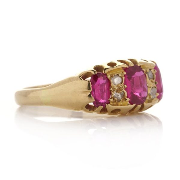 Antique 1.10ct Ruby Three Stone Ring with Rose Cut Diamonds in 18ct Yellow Gold