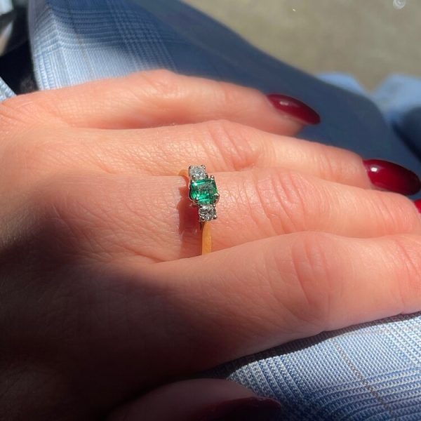 0.55ct Princess Cut Emerald and Diamond Three Stone Engagement Ring