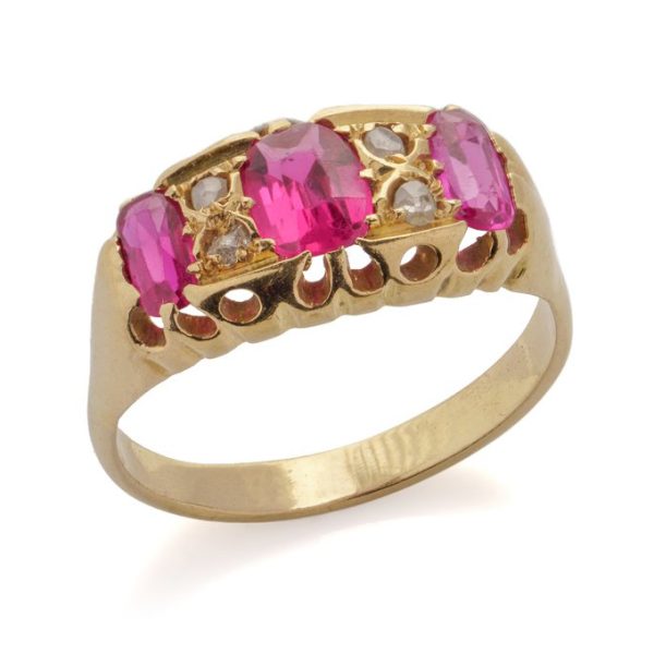 Antique Ruby Three Stone Ring with Rose Cut Diamonds