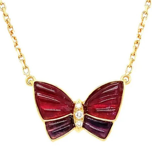 Vintage Van Cleef Arpels Butterfly Pendant Necklace, 18ct yellow gold butterfly set with carved amethyst and red tourmaline (rubellite) with single-cut diamond accents