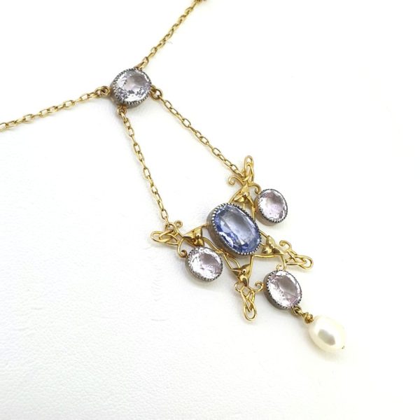 Arts and Crafts Natural Sapphire, Pink Topaz and Pearl Pendant Necklace