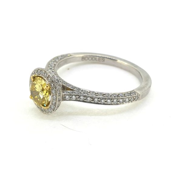 Certified 0.59ct Fancy Yellow Diamond Halo Cluster Engagement Ring