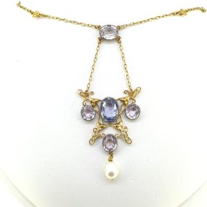 Arts and Crafts Natural Sapphire, Pink Topaz and Pearl Pendant Necklace