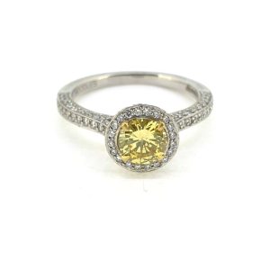 Certified 0.59ct Fancy Yellow Diamond Cluster Engagement Ring