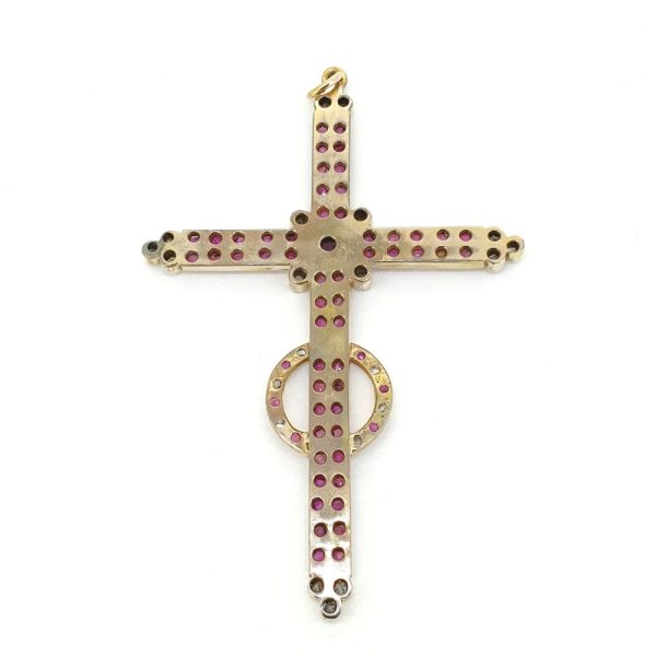 Victorian Antique Ruby and Rose Cut Diamond Cross Pendant in Silver Gilt