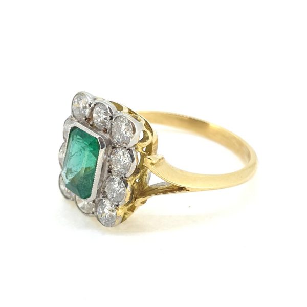 1ct Emerald and Diamond Floral Cluster Ring with split shoulders