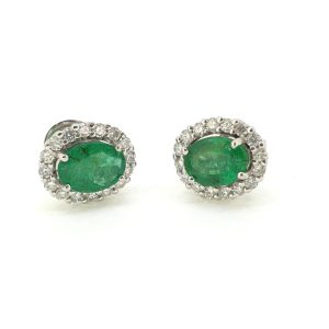 2.21ct Emerald and Diamond Oval Cluster Stud Earrings