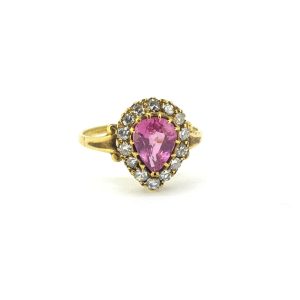 1.35ct Pear Cut Pink Sapphire and Diamond Cluster Ring in 18ct Yellow Gold
