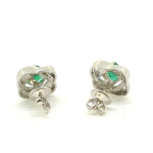 Contemporary Emerald and Diamond Cluster Stud Earrings in 18ct White Gold